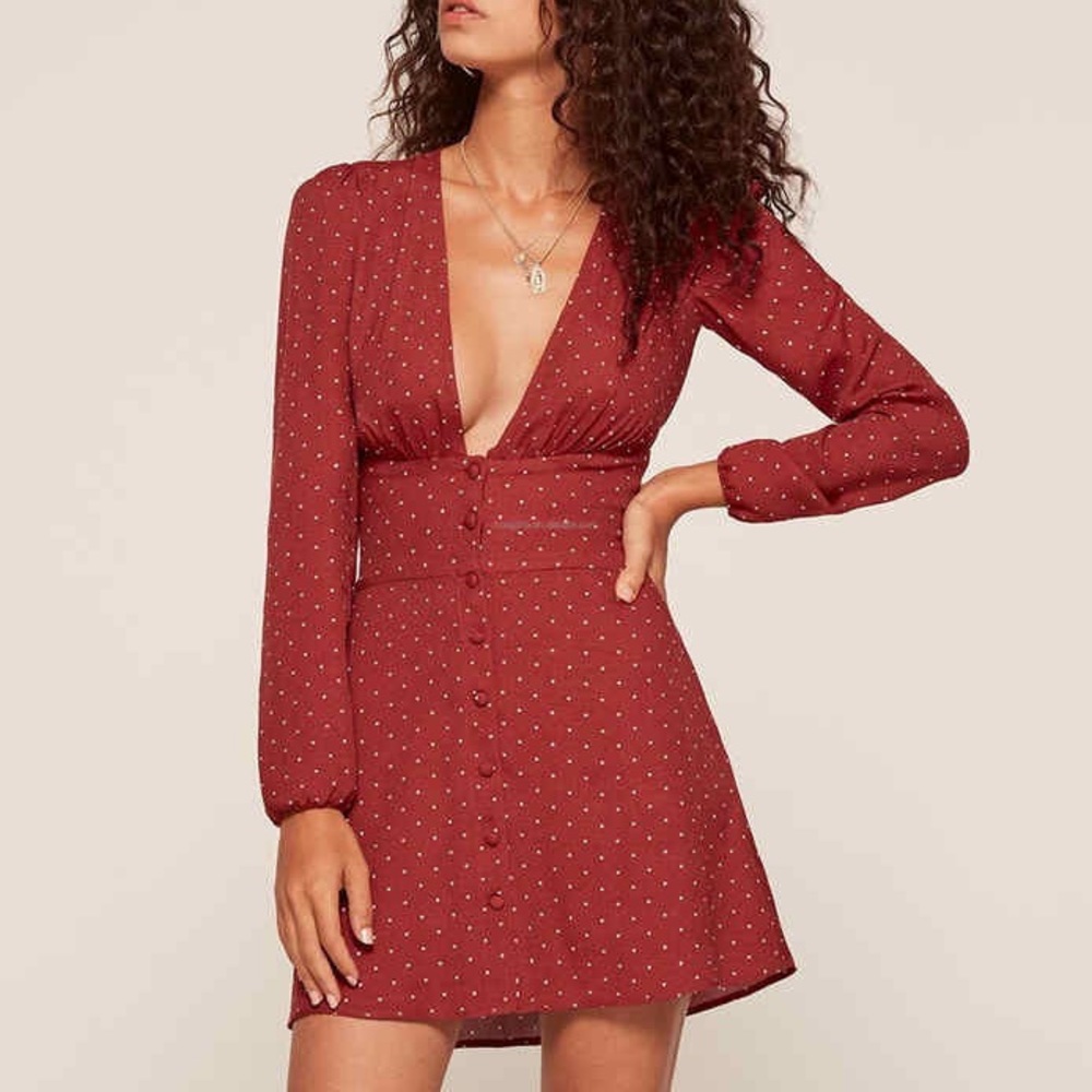 Reformation Red Polka Dot Long Sleeve Mini Dress Key Hole Smocked Wedding White